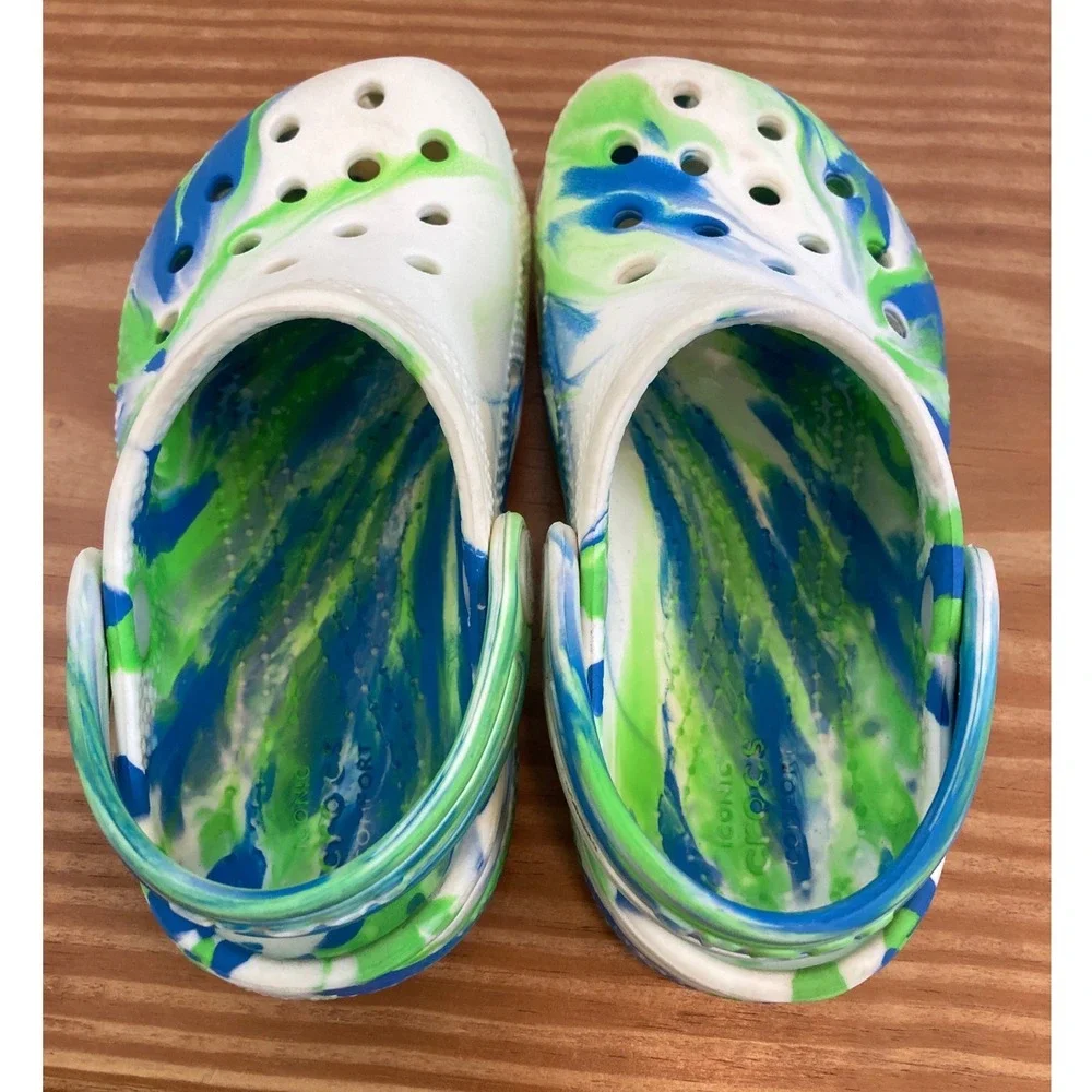 Crocs Kids C9 White Blue Green Marbled Classic Clog Shoes Tie Dye Casual Slip On